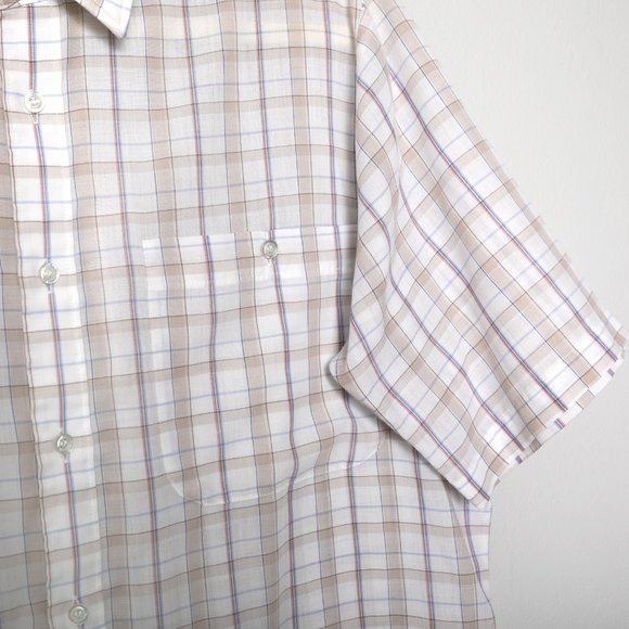 Vintage Sears The Men's Store Plaid Short Sleeve Button Down Shirt White Beige - Picture 9 of 12